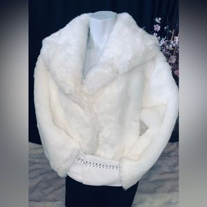 Woman’s White Fur Cropped Coat Faux Fur Rhinestone Leather Like Y2K Baby Phat XL